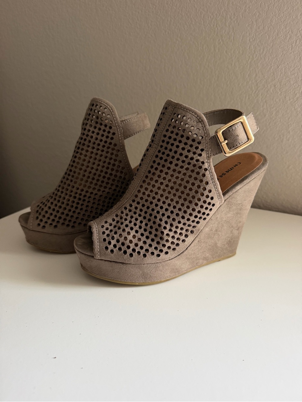 Women’s Taupe Suede Perforated Wedge Sandals